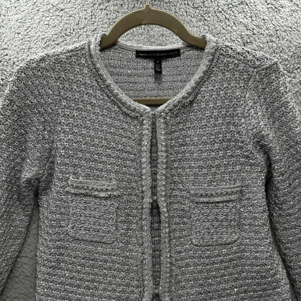 White House Black Market Women's Small Silver Metallic Fringe Knit Cardigan EUC